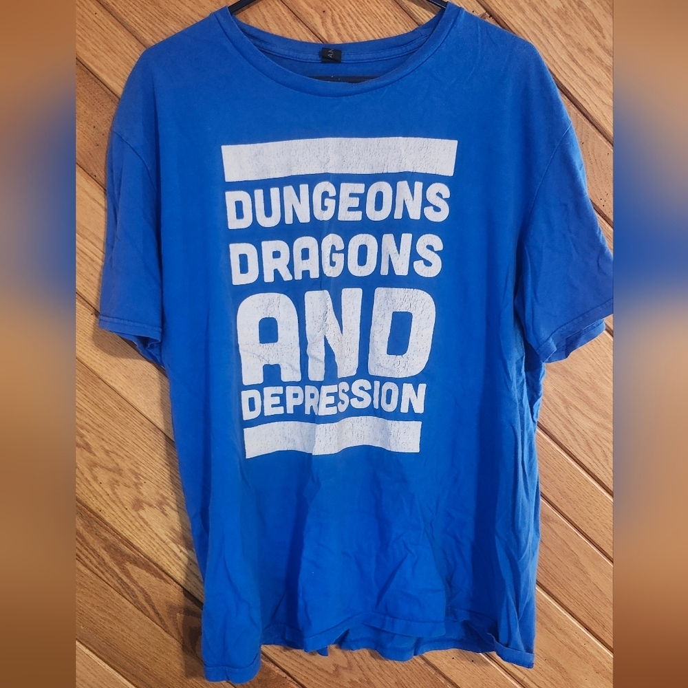 Anvil Lightweight XL Blue And White Dungeons And Dragons And Depression Tshirt